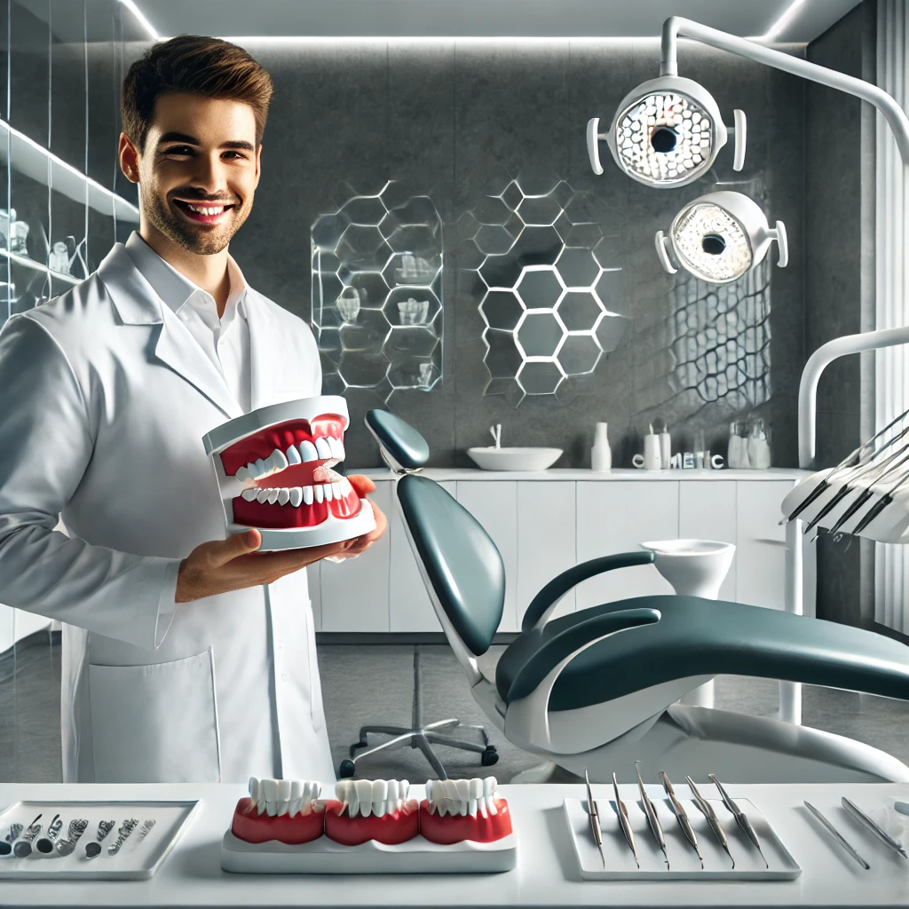 DALL·E 2024-11-14 15.20.19 - A modern dental clinic interior with a focus on dental cosmetics, featuring a sleek, clean environment. A dentist in professional attire stands beside DALL·E 2024-11-14 15.20.19 - A modern dental clinic interior with a focus on dental cosmetics, featuring a sleek, clean environment. A dentist in professional attire stands beside